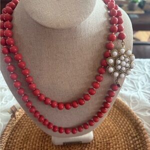 Stella & Dot Vintage Coral Beaded Necklace with Detachable Floral White Detail